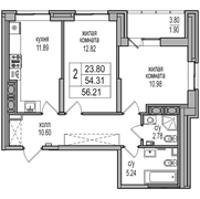 54,3 м², 2-комн. квартира, 20/27 этаж