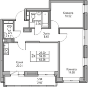59,6 м², 2-комн. квартира, 5/23 этаж