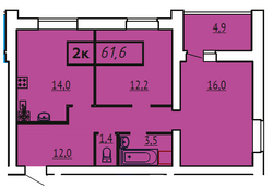 61,6 м², 2-комн. квартира, 1/9 этаж