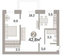 42,8 м², 2-комн. квартира, 4/5 этаж