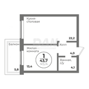 43,7 м², 1-комн. квартира, 19/22 этаж