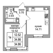 34,3 м², 1-комн. квартира, 1/16 этаж