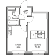 34,7 м², 1-комн. квартира, 1/23 этаж