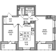 53,8 м², 2-комн. квартира, 5/27 этаж