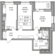 54,3 м², 2-комн. квартира, 23/27 этаж