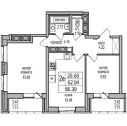52,9 м², 2-комн. квартира, 23/27 этаж