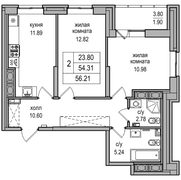 54,3 м², 2-комн. квартира, 23/27 этаж