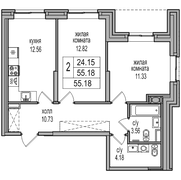 55,2 м², 2-комн. квартира, 1/27 этаж