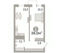 39 м², 1-комн. квартира, 3/4 этаж