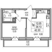 38,1 м², 1-комн. квартира, 13/27 этаж