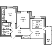 44,8 м², 2-комн. квартира, 2/27 этаж