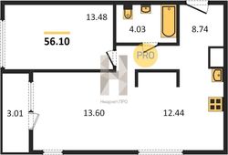 56,1 м², 1-комн. квартира, 1/8 этаж