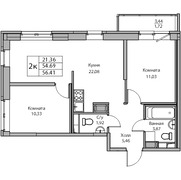 54,7 м², 2-комн. квартира, 7/23 этаж