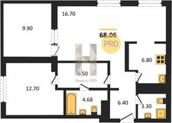 68,1 м², 2-комн. квартира, 19/21 этаж