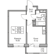 35,8 м², 1-комн. квартира, 18/23 этаж