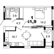 41,9 м², 1-комн. квартира, 1/10 этаж