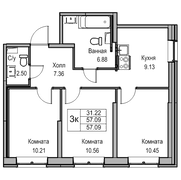 56,7 м², 3-комн. квартира, 1/24 этаж