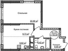 54 м², 1-комн. квартира, 17/32 этаж