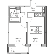 36,8 м², 1-комн. квартира, 21/23 этаж