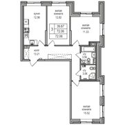 72,1 м², 3-комн. квартира, 1/27 этаж