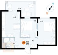 57,7 м², 2-комн. квартира, 2/7 этаж