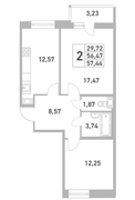 57,4 м², 2-комн. квартира, 3/12 этаж