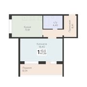 47,4 м², 1-комн. квартира, 3/11 этаж