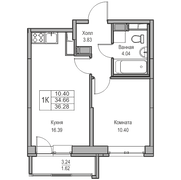 34,7 м², 1-комн. квартира, 12/23 этаж