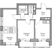 52,4 м², 2-комн. квартира, 17/23 этаж