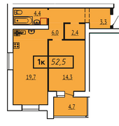 52,5 м², 1-комн. квартира, 1/9 этаж