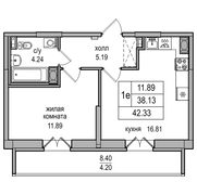 38,1 м², 1-комн. квартира, 13/27 этаж