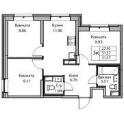 50,9 м², 3-комн. квартира, 1/24 этаж