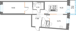 68,6 м², 2-комн. квартира, 2/23 этаж