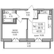 38,1 м², 1-комн. квартира, 12/27 этаж