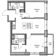 50,2 м², 2-комн. квартира, 18/23 этаж