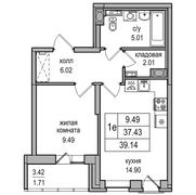 37,4 м², 1-комн. квартира, 12/27 этаж