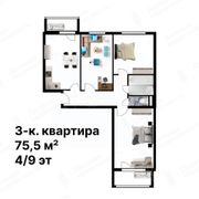 75,5 м², 3-комн. квартира, 4/9 этаж