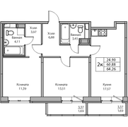 60,9 м², 2-комн. квартира, 18/23 этаж