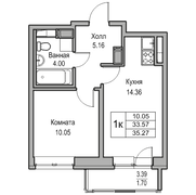 33,6 м², 1-комн. квартира, 13/23 этаж