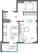 37,4 м², 1-комн. квартира, 7/10 этаж