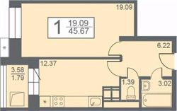 45,7 м², 1-комн. квартира, 14/24 этаж