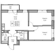 55,2 м², 2-комн. квартира, 16/23 этаж