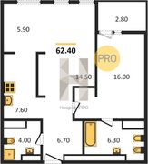 62,4 м², 1-комн. квартира, 12/21 этаж