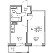 34,3 м², 1-комн. квартира, 2/23 этаж