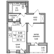 37,4 м², 1-комн. квартира, 2/27 этаж