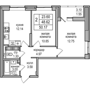 48,6 м², 2-комн. квартира, 16/17 этаж