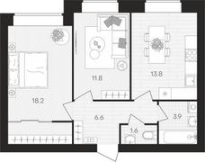 55,8 м², 2-комн. квартира, 1/10 этаж