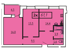 61,1 м², 2-комн. квартира, 1/9 этаж