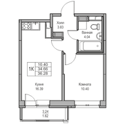 34,7 м², 1-комн. квартира, 8/23 этаж