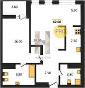 62 м², 1-комн. квартира, 15/21 этаж